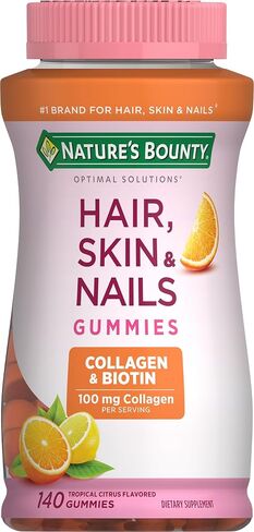 Nature's Bounty Optimal Solutions Hair, Skin & Nails with Biotin and Collagen, Citrus-Flavored Gummies Vitamin Supplement, 2500 mcg, 80 Ct in Kuwait
