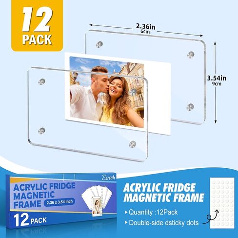 ESRICH 12 Pack Acrylic Fridge Magnetic Frame, Polaroid Magnet Frame,Double Sided Photo Magnet Frames for Refrigerator,Mini Frame Clear (2.36 x 3.54Inch) in Kuwait