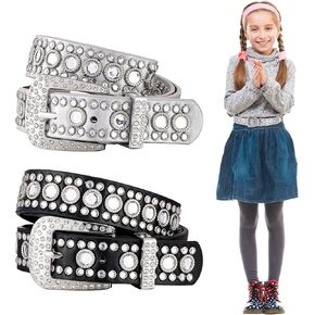 Newcotte 2 Pcs Kids Rhinestone Belts Western Cowgirl Cowboy Diamond Studded Bling Leather Belt PU Leather Belt (33.46 x 1.06 Inch)