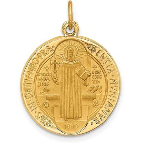 Diamond2Deal 14k Yellow Gold Satin Round Reversible St. Benedict Medal Pendant (L- 24.5 mm W- 18 mm)