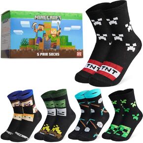 Minecraft Boys Calf Length Socks, Soft Breathable Creeper Everyday Sports School Socks Multipack - Gifts for Gamers