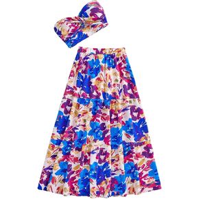 SOLY HUX Women's Summer 2 Piece Outfits Floral Print Colorful Tube Top and Ruffle Hem Maxi Skirt Set