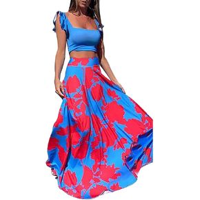 Vakkest Womens Summer Sexy 2 Pieces Outfits Ruffle Floral Tank Top Wrap Boho Tropical Long Skirt Set Clubwear Dresses