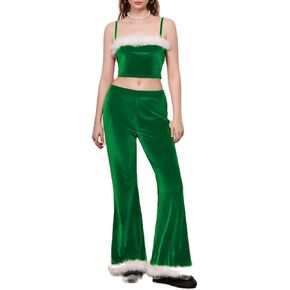 HOXIJIA Women Christmas 2 Piece Sets Sexy Velvet Fur Trim Santa Sets Slim Fit Crop Cami Top and Flared Pants 2PCS Outfits