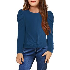 Arshiner Girls Puff Long Sleeve Shirts Twist Front Ribbed Knit T Shirt Crop Tops Tee Blouse
