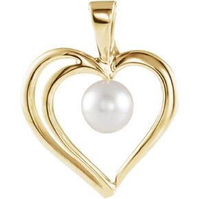Solid 14k Yellow Gold Akoya Cultured Pearl Heart Charm Pendant (15mm x 12mm)