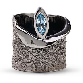 german kabirski 0.60 Carat Blue Topaz Handmade Barrel Ring in 925 Sterling Silver with Gold and Black Rhodium Plating Size 7