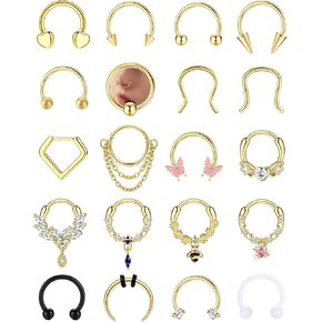 BESTEEL 20Pcs Gold Septum Rings 16G Small Septum Jewelry Surgical Steel Septum Clicker Dangle Nose Rings Hoops for Women Men Cute Star Bee CZ Heart Butterfly Chain Septum Rings Septum Piercing Jewelry
