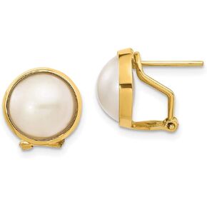 White Cultured Mabe Pearl Omega Back Earrings in Genuine 14k Yellow Gold