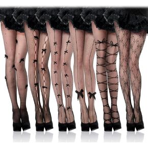 6 Pairs Bow Tights for Women Fishnet Tights High Waist Stockings Black Lace Tights Pantyhose Stockings with Bows Party Accessories