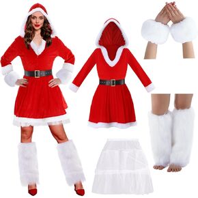 5 Pcs Mrs Claus Costume for Women Christmas Costume for Woman Santa Dress Hooded with Fuzzy Leg Warmers Fur Cuffs