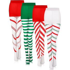 4PCS Christmas Striped Tights Red Green Thigh High Stocking Candy Cane Striped Full Length Tights Stripe Stockings Tights for Christmas Halloween Costume Accessory Holiday Party