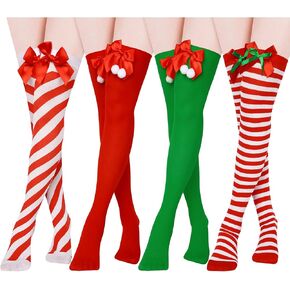 SATINIOR 4 Pairs Christmas Thigh high Socks Red and White Stripe High Socks with Bow Over Knee Stockings Candy Canes Stocking