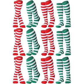 12 Pairs Christmas Elf Socks Women Men Christmas Striped Knee High Socks Elf Stockings Long Red Green Xmas Socks