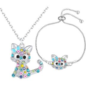 Lovely Rainbow Rhinestone Cat Jewelry Set For Girls Pendant Necklace For Girl Bracelet For Girl Jewelry Gift For Girls Daughter Granddaughter Niece Christmas Gift Girl Birthday Gift over 3 years old.