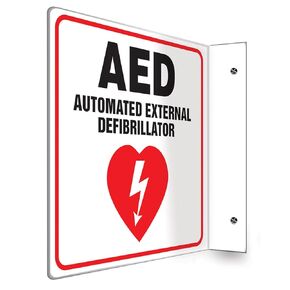 Accuform PSP972 Projection Sign 90D, "AED AUTOMATED External DEFIBRILLATOR" with Graphic, 8" x 8" Panel, 0.10" Thick High-Impact Lumi-Glow Plastic, Pre-Drilled Mounting Holes, Red/Black on Glow