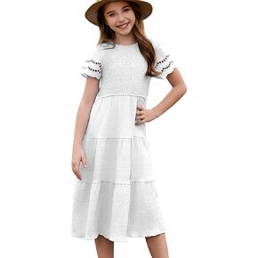 blibean Girls Embroidery Short Sleeve Textured Dresses Size 6-15 Years
