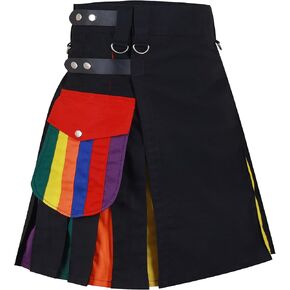 Rainbow Multiy Kilt Black Leather Straps Rainbow Pleats Utility Kilts for Men's