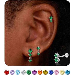 Dainty 3 Pairs Flat Back Earrings Studs 18G-Hypoallergenic Cartilage Earring Sets for Multiple Piercing-Minimalist CZ Birthstone Drop Dangle Earrings Internal Thread Flatback Earring Stacks for Conch Tragus Helix Piercing Jewelry