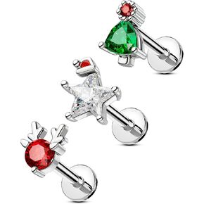 OUFER 3Pcs Helix Piercing Jewelry, Christmas 16G Helix Cartilage Earrings Studs Flat Back Internally Threaded Stainless Steel Helix Cartilage Conch Tragus Piercing Jewelry for Women Men-8MM