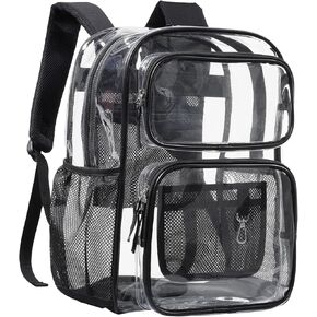 PACKISM Clear Backpack for School - 17 inch Large Heavy Duty Clear Bookbag for Boys and Girls, See Through PVC Transparent Backpacks with 2 Front Pockets for College Work, Black (for age 12 above)