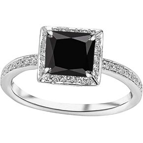 1.3 Carat t.w 14K White Gold Victorian Halo Style Square Shaped Pave Set Round Diamond Engagement Ring w/a 1 Carat Princess Cut Black Diamond Heirloom Quality