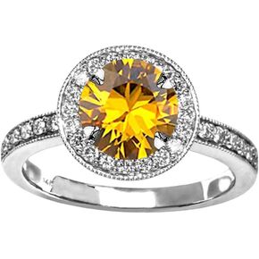 1.35 Carat t.w 14K White Gold Halo Style Vintage Diamond Engagement Ring With Milgrain w/a 1 Carat Round Cut Yellow Citrine Heirloom Quality