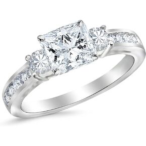 14K White Gold 1.75 Carat LAB GROWN DIAMOND Channel Set 3 Three Stone Princess Cut Diamond Engagement Ring (G-H Color VS2-SI1 Clarity 1 Ct Center)