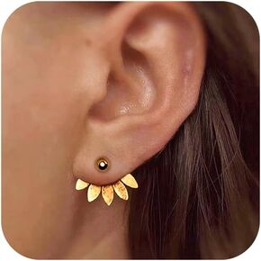 Lotus Ear Jacket Earrings for Women 925 Sterling Silver 14K Plated Gold Flower Stud Earring Gold Leaves Front Back Climber Earrings Valentine's Christmas Jewelry Gift for Her
