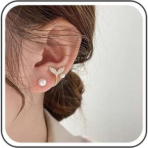 Vintage Crystal Fish Tail Ear Jacket Earrings Gold Mermaid Pearl Studs Earrings Whale Tail Earrings Front Back Earrings Jewelry for Women