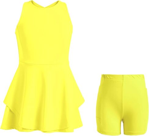 Kids Girls Tennis Golf Dress Outfit Sleeveless Dress with Shorts Pockets 2 Piece Sport Athletic Sets in Saudi Arabia