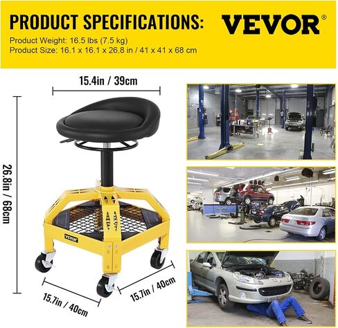 VEVOR Rolling Garage Stool, 300LBS Capacity, Adjustable Height from 24 in to 28.7 in, Mechanic Seat with 360-degree Swivel Wheels and Tool Tray, for Workshop, Auto Repair Shop, Yellow in Kuwait