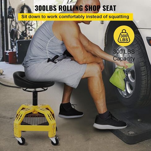 VEVOR Rolling Garage Stool, 300LBS Capacity, Adjustable Height from 24 in to 28.7 in, Mechanic Seat with 360-degree Swivel Wheels and Tool Tray, for Workshop, Auto Repair Shop, Yellow in Kuwait