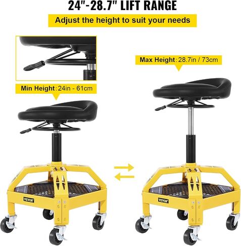 VEVOR Rolling Garage Stool, 300LBS Capacity, Adjustable Height from 24 in to 28.7 in, Mechanic Seat with 360-degree Swivel Wheels and Tool Tray, for Workshop, Auto Repair Shop, Yellow in Kuwait