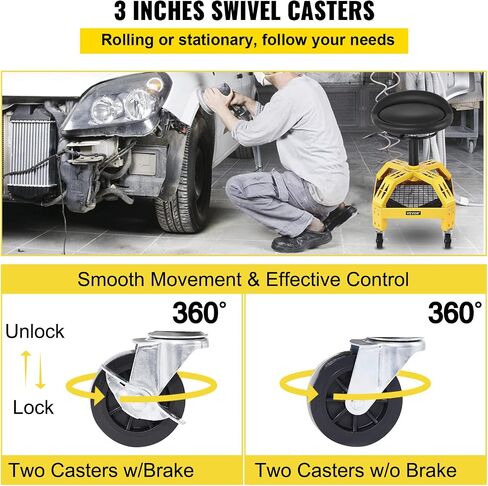 VEVOR Rolling Garage Stool, 300LBS Capacity, Adjustable Height from 24 in to 28.7 in, Mechanic Seat with 360-degree Swivel Wheels and Tool Tray, for Workshop, Auto Repair Shop, Yellow in Kuwait