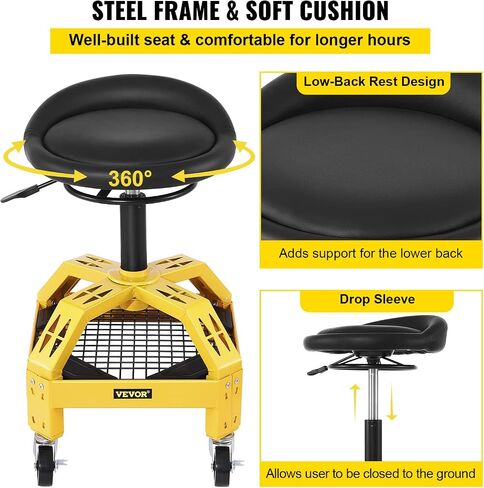 VEVOR Rolling Garage Stool, 300LBS Capacity, Adjustable Height from 24 in to 28.7 in, Mechanic Seat with 360-degree Swivel Wheels and Tool Tray, for Workshop, Auto Repair Shop, Yellow in Kuwait