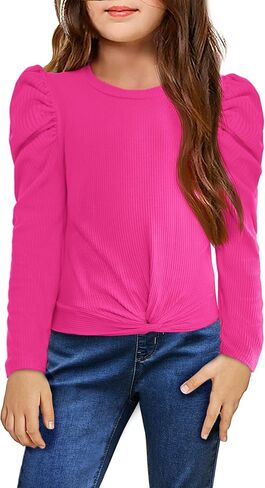 Arshiner Girls Puff Long Sleeve Shirts Twist Front Ribbed Knit T Shirt Crop Tops Tee Blouse in Saudi Arabia