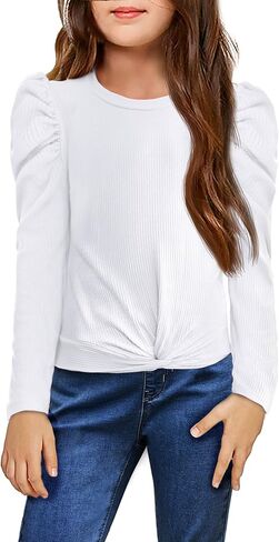 Arshiner Girls Puff Long Sleeve Shirts Twist Front Ribbed Knit T Shirt Crop Tops Tee Blouse in Saudi Arabia