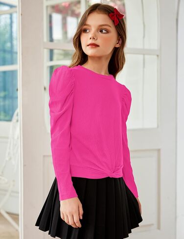 Arshiner Girls Puff Long Sleeve Shirts Twist Front Ribbed Knit T Shirt Crop Tops Tee Blouse in Saudi Arabia