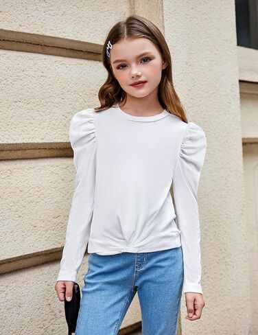 Arshiner Girls Puff Long Sleeve Shirts Twist Front Ribbed Knit T Shirt Crop Tops Tee Blouse in Saudi Arabia