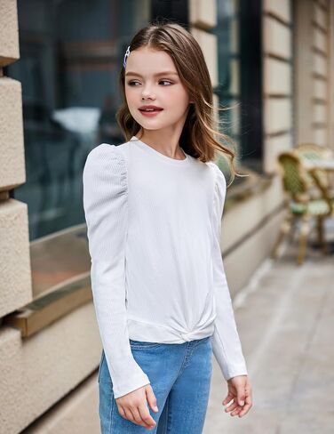 Arshiner Girls Puff Long Sleeve Shirts Twist Front Ribbed Knit T Shirt Crop Tops Tee Blouse in Saudi Arabia