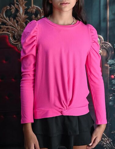 Arshiner Girls Puff Long Sleeve Shirts Twist Front Ribbed Knit T Shirt Crop Tops Tee Blouse in Saudi Arabia