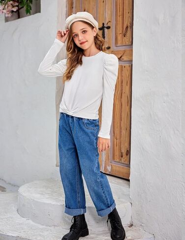 Arshiner Girls Puff Long Sleeve Shirts Twist Front Ribbed Knit T Shirt Crop Tops Tee Blouse in Saudi Arabia