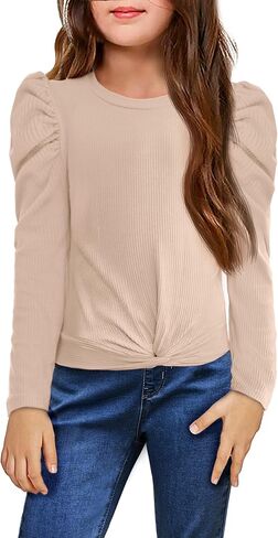 Arshiner Girls Puff Long Sleeve Shirts Twist Front Ribbed Knit T Shirt Crop Tops Tee Blouse in Saudi Arabia