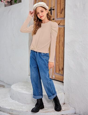 Arshiner Girls Puff Long Sleeve Shirts Twist Front Ribbed Knit T Shirt Crop Tops Tee Blouse in Saudi Arabia
