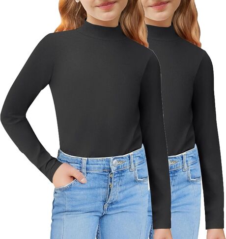Arshiner Girls 2 Pack Mock Turtleneck Long Sleeve Shirts Slim Fit Casual Trendy Soft Base Layer Top Tee in Kuwait