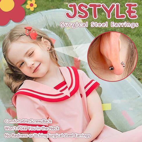 Jstyle Hypoallergenic Earrings for Girls Women Surgical Stainless Steel Hoop Earrings for Sensitive Ears Screw Back Stud Earrings Set Cute Girls Toddler Earrings Kids Earrings Jewelry for Teen Girls in Kuwait