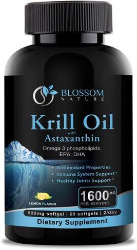Antarctic Krill Oil 1600mg with Astaxanthin 2mg Fatty Acids EPA 174mg, DHA 120mg, Phospholipids 550mg -Support Healthy Joints Hair Skin-800mg per Softgel, 60 Krill Oil Softgels with lemon flavor in Saudi Arabia