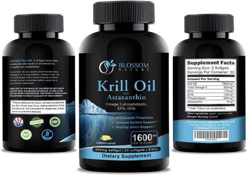 Antarctic Krill Oil 1600mg with Astaxanthin 2mg Fatty Acids EPA 174mg, DHA 120mg, Phospholipids 550mg -Support Healthy Joints Hair Skin-800mg per Softgel, 60 Krill Oil Softgels with lemon flavor in Saudi Arabia