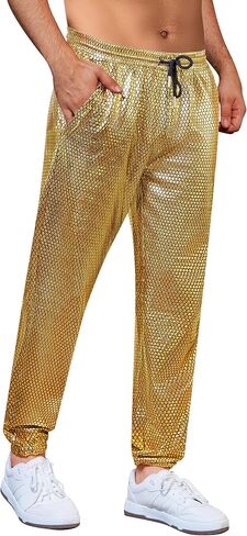 WULFUL Mens Metallic 70s Disco Costume Sequin Party Jogger Pants in Saudi Arabia